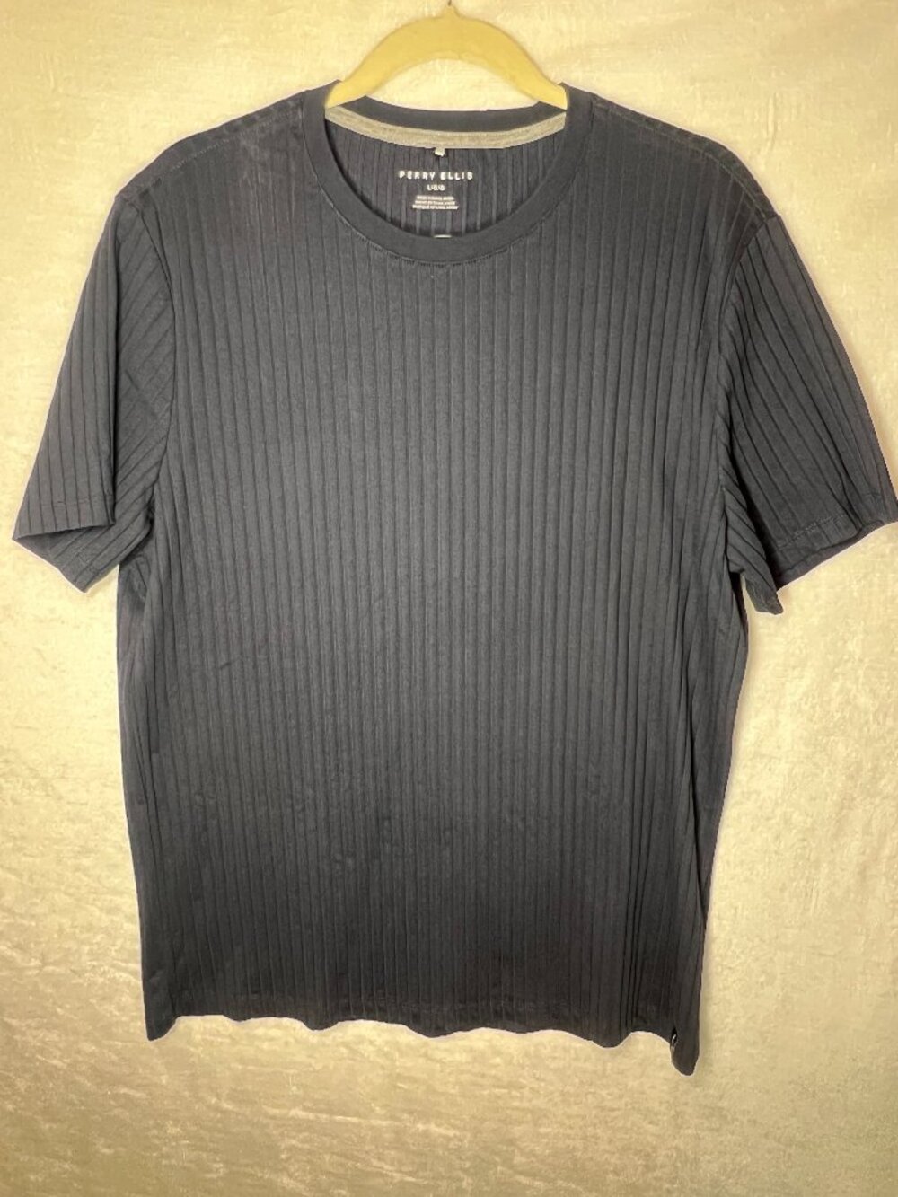 mens ribbed perry ellis navy blue short sleeve crew neck shirt- sz L